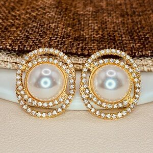 Elegant Gold and Pearl with Cubic Zirconia Button Design Earrings